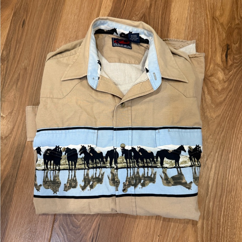 Roper Men’s Tan Button-Up Shirt with Horse Print